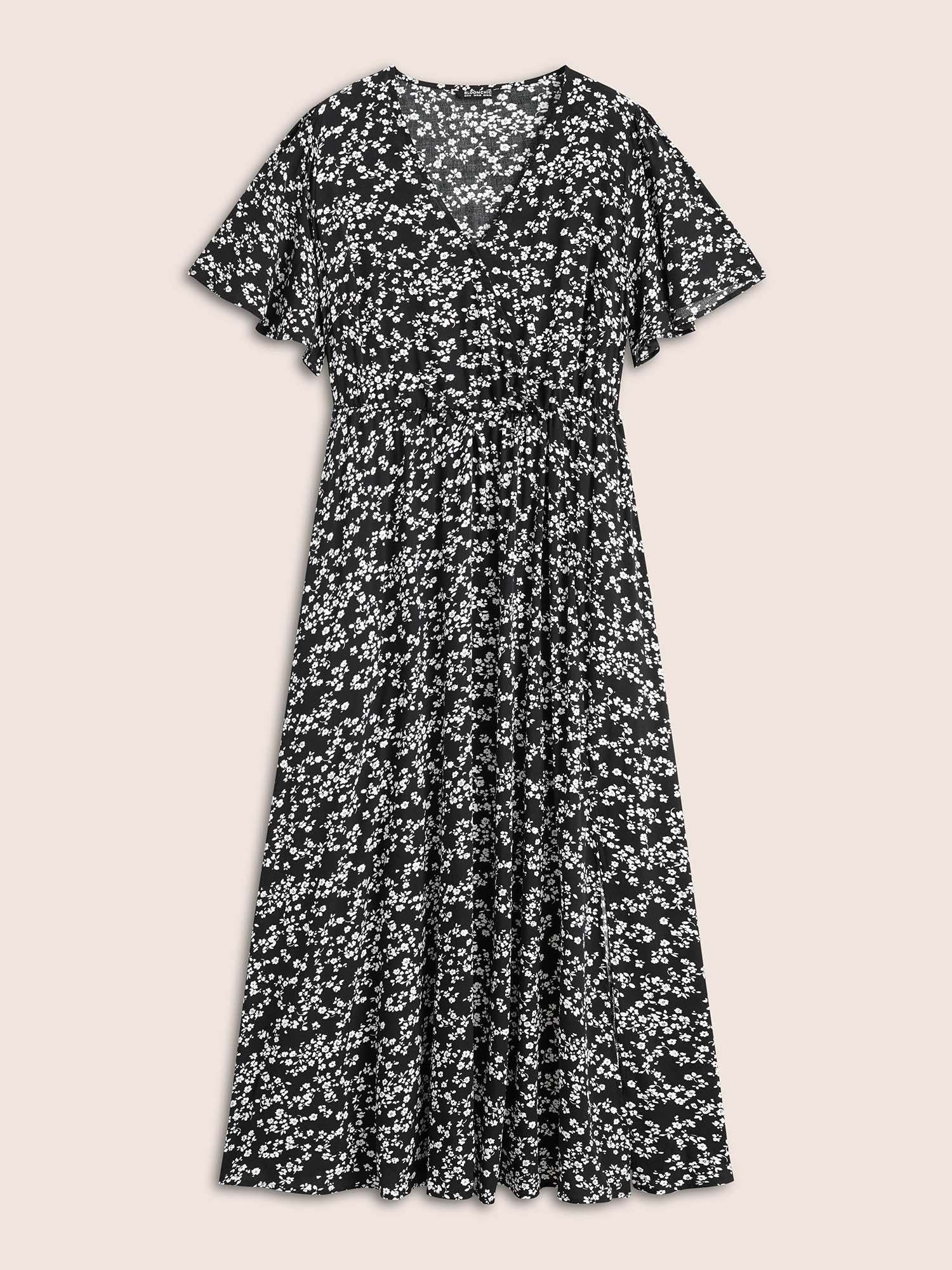 Bloom Dress - Flutter Sleeve Ditsy Floral Pocket Split Maxi Dress