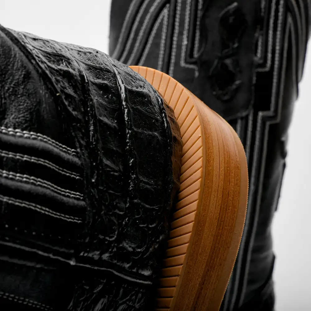 Black Caiman Neck Leather Boots - Square Toe