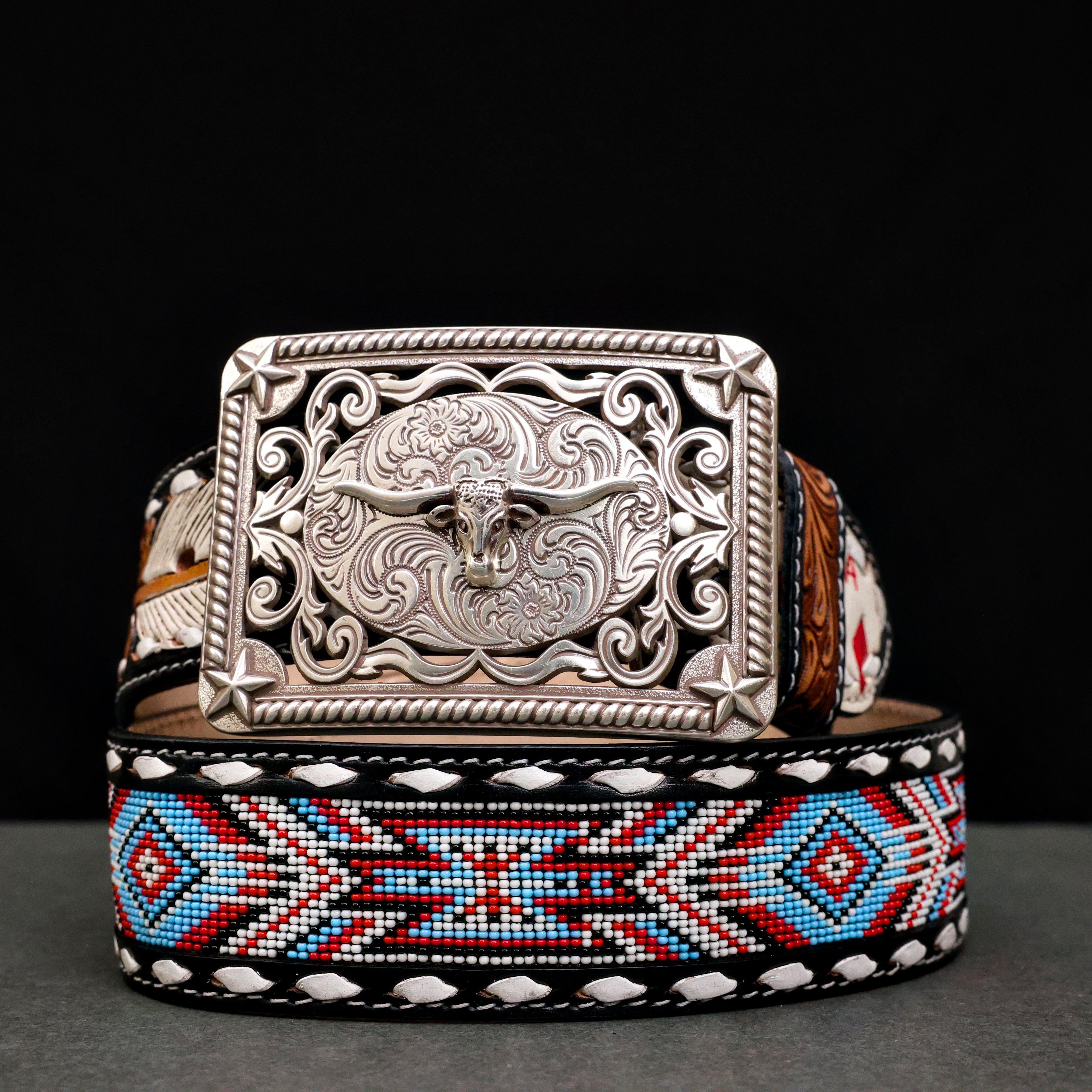 2 Inch Hand-Tooled Artesanal Beaded Leather Belt