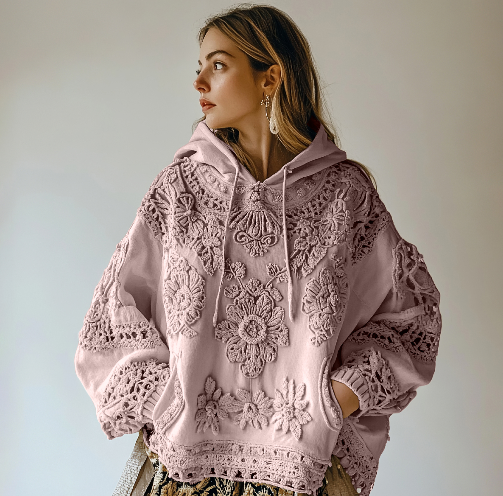 Women's Floral Embroidery Art Casual Cozy Hoodie