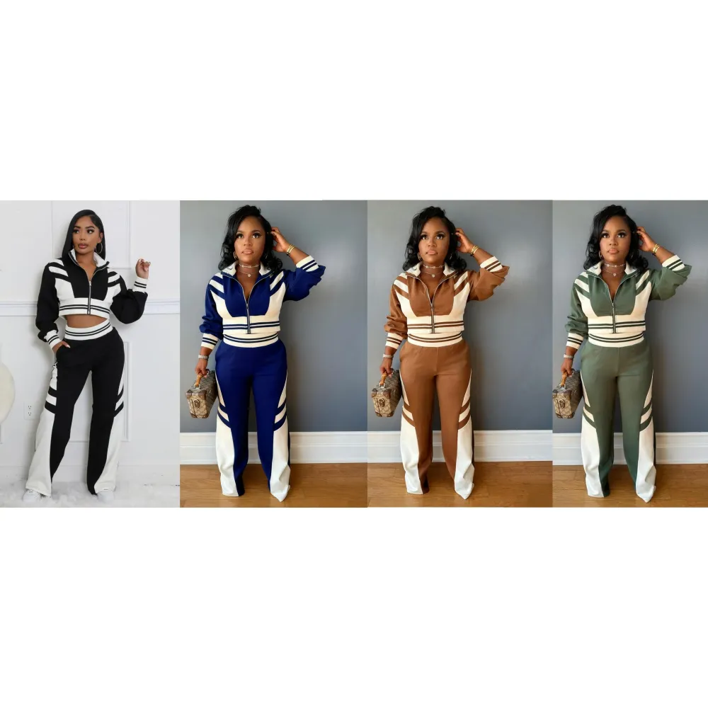 Women's Colorblock Print Zip Up Long Sleeve Crop Jacket & Pants Two-piece Set