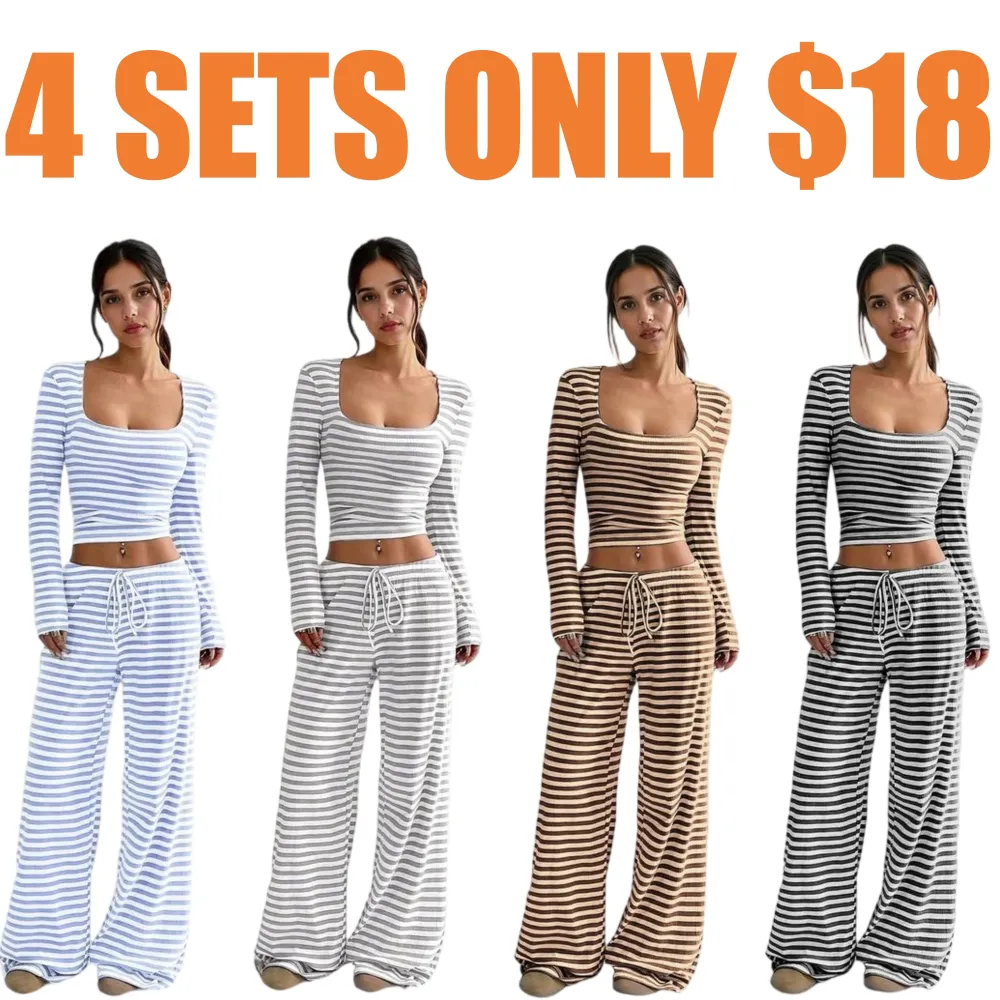 Women's Stripe Square Neck Long Sleeve Crop Top & Wide Leg Trousers Set