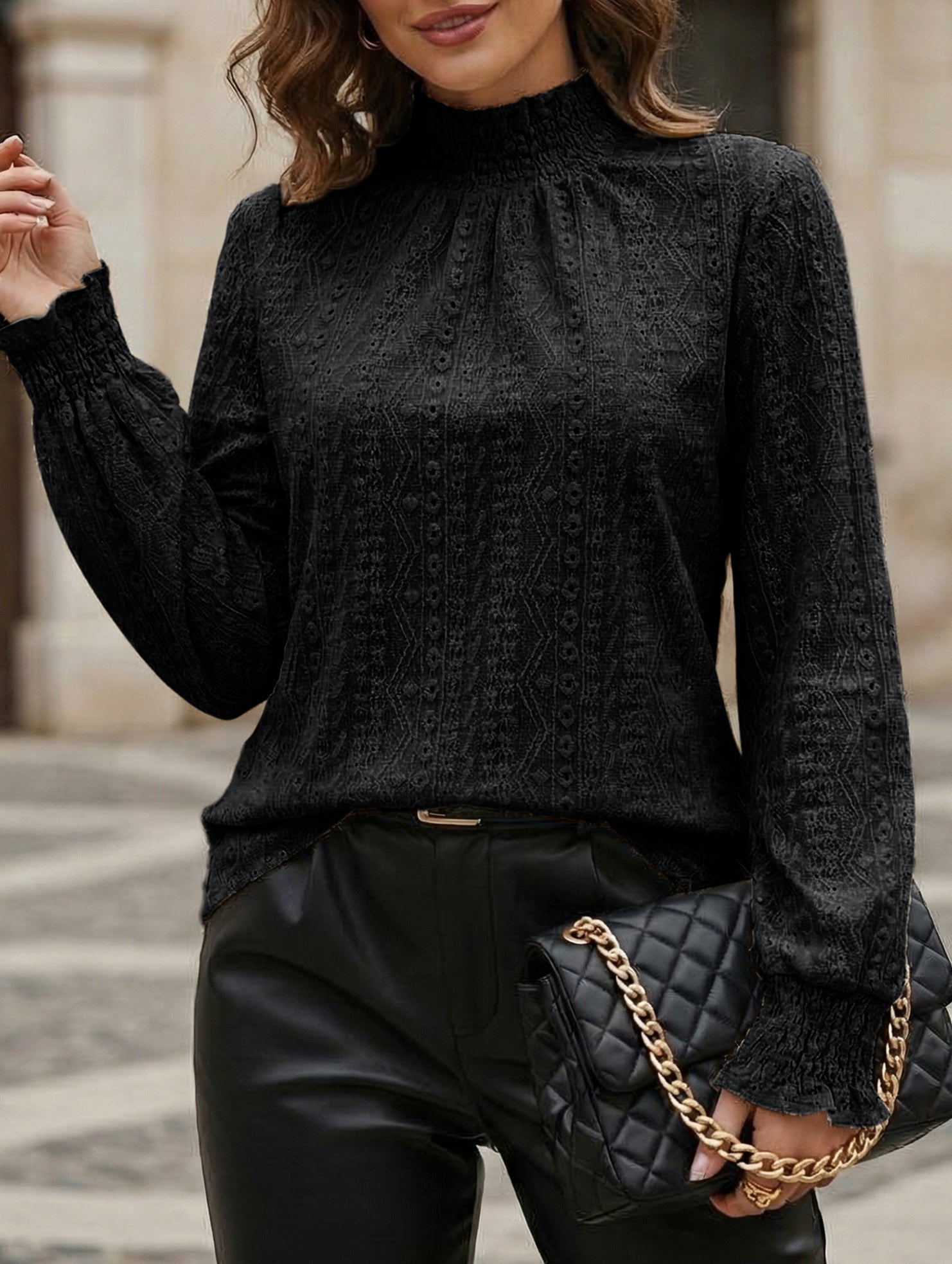 Jacquard Crew Neck Long Sleeve Tee_CWTTL01230