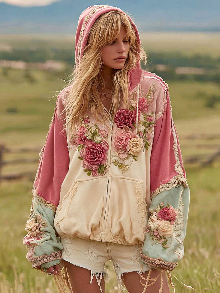 Women's Floral Embroidery Color Block Boho Casual Zip-up Hoodie