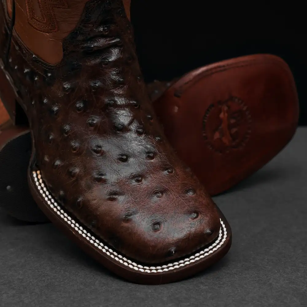 Chocolate Brown Ostrich Leather Boots - Square Toe