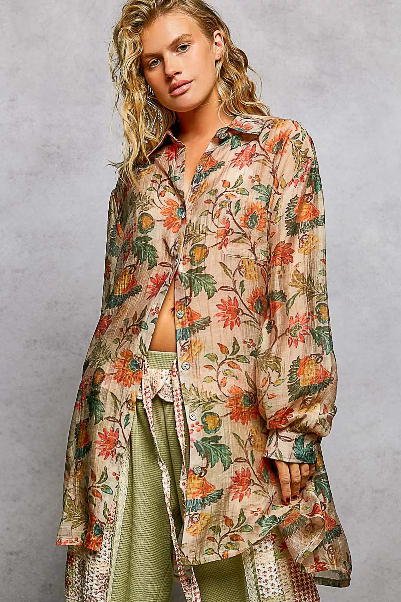 POL Metal Button Down Floral Long Sleeve Shirt