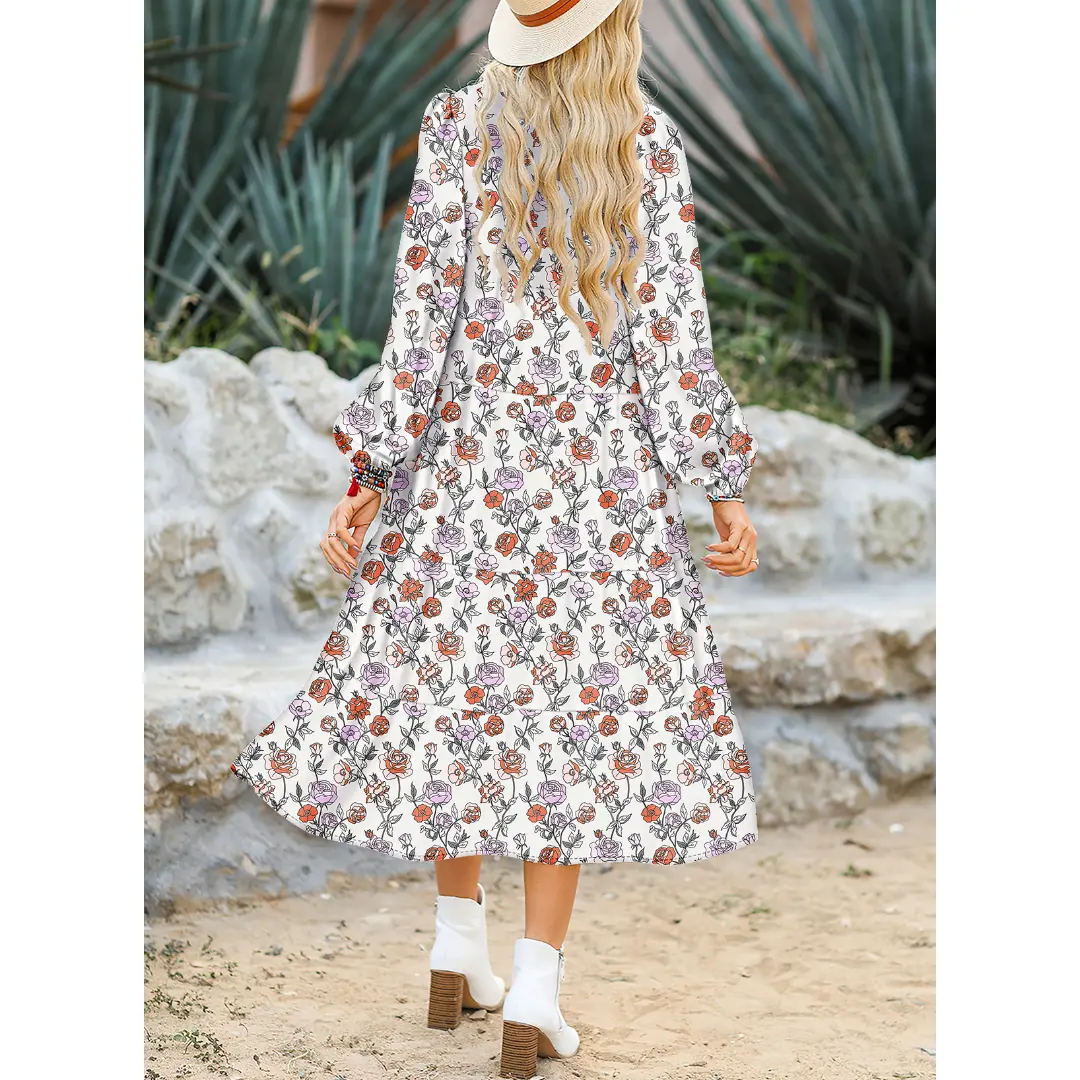 Women's Casual Bohemian Floral Dress 2026 V-Neck Long Puff Sleeve Midi Dress Soft Fabric Comfortable Summer Dress - Womenswear