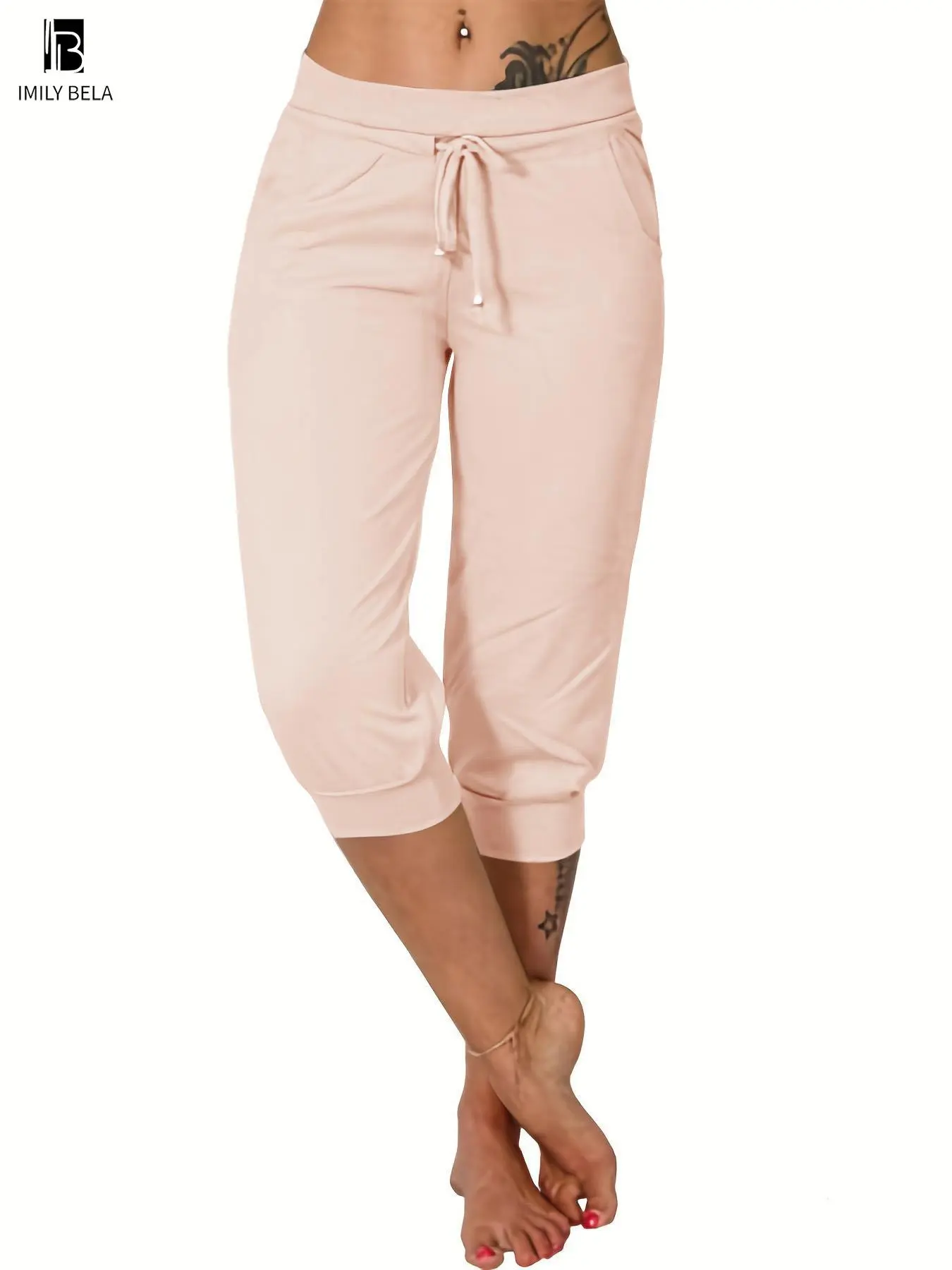 Women's Plain Drawstring Waist Capris Pants, Casual Pocket Trousers for Daily Wear, Ladies Bottoms for All Seasons