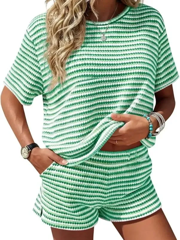 Women's Striped 2-Piece Lounge Set – Short Sleeve Top & Knit Shorts Casual Summer Outfit