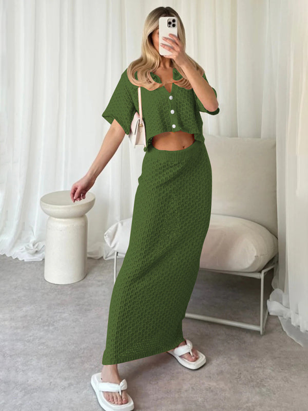 Knitted Crochet Multicolor Cardigan Button Skirt All-match Set Dress