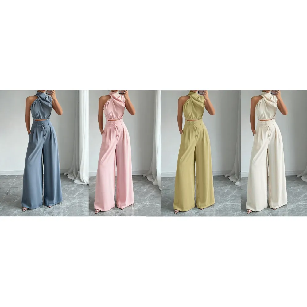 Women's Solid Color Crop Tank Top & Wide Leg Pants Two-piece Set