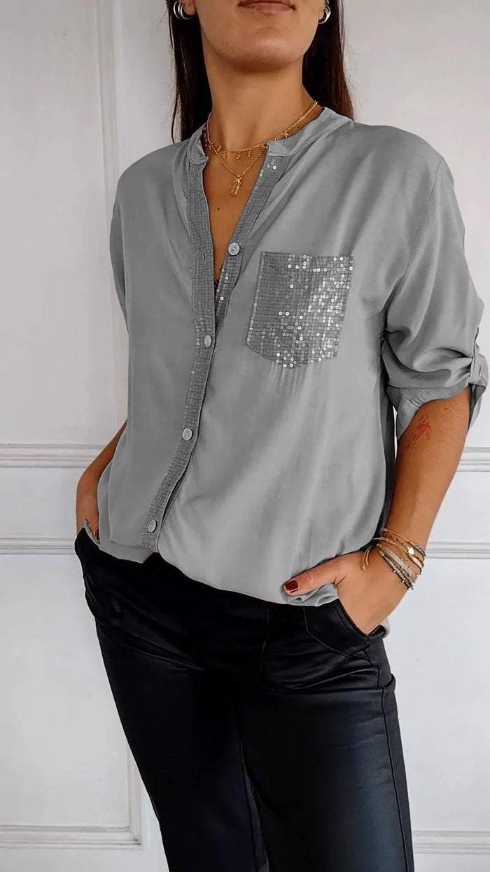 Women Cotton V-neck Sequin Mid-sleeve Casual Top