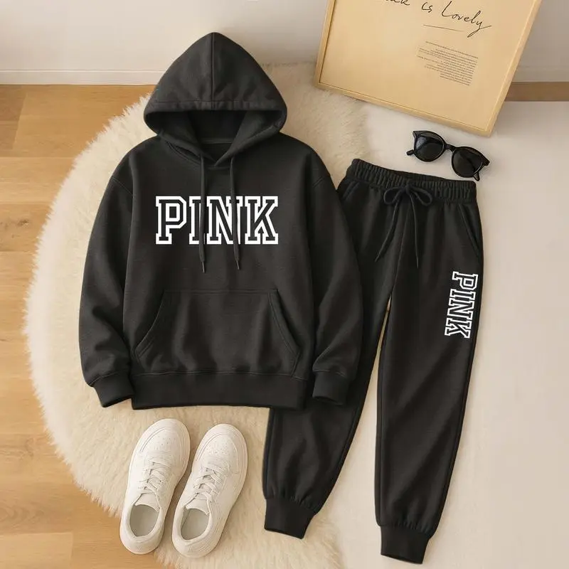 Women's Pink Print Hoodie And Drawstring Track Pants Set