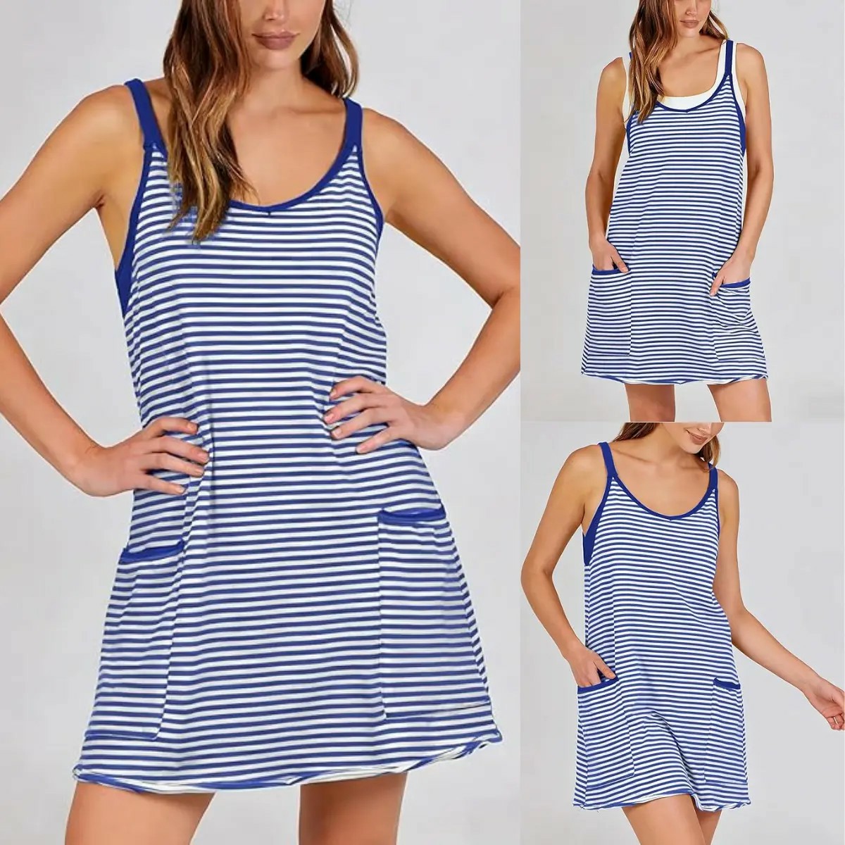 Women's Summer Athletic Mini Dress Sleeveless V Neck Built-in Shorts Striped Tennis Workout Vacation