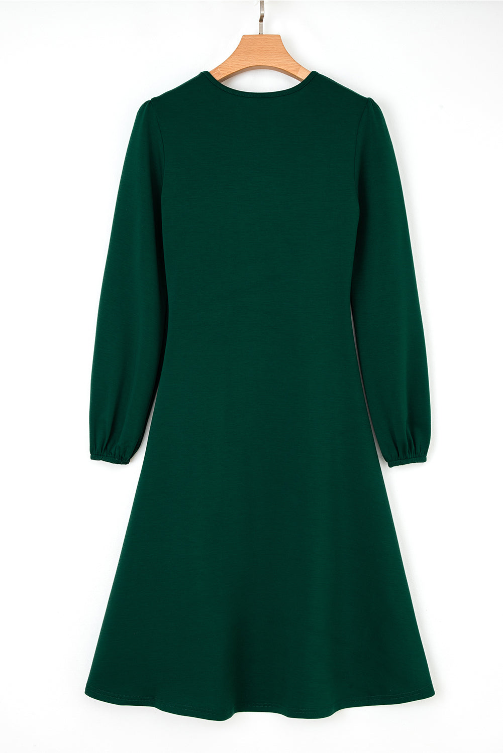 Blackish Green Solid Color Ruched Detail Long Sleeve Midi Dress