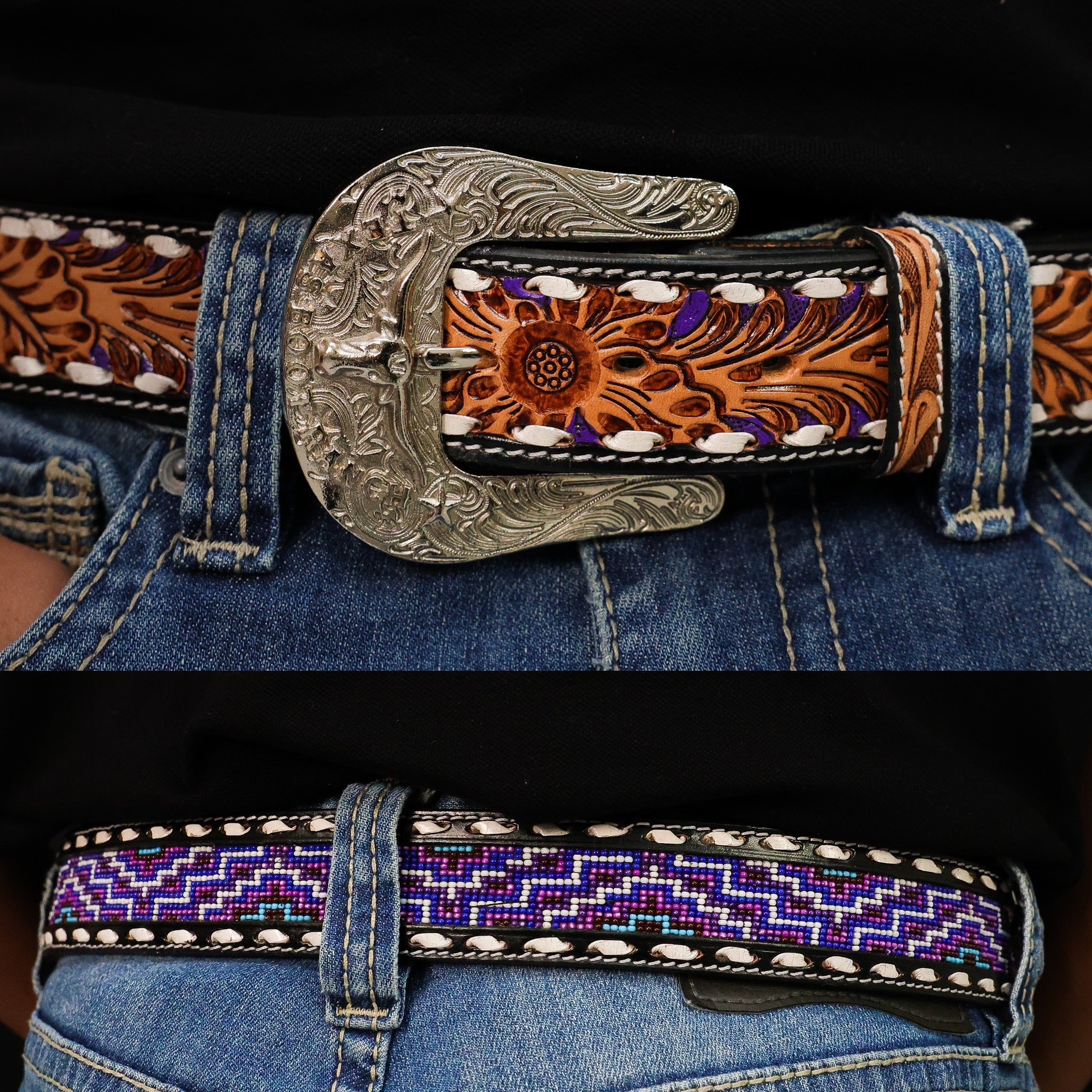 Hand-Tooled Artesanal Beaded Leather Belt