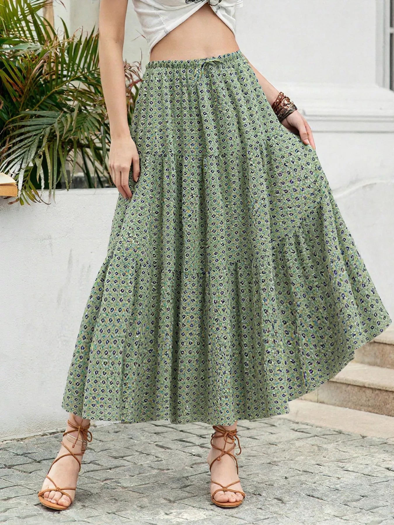 Boho Print Tiered Maxi Skirt