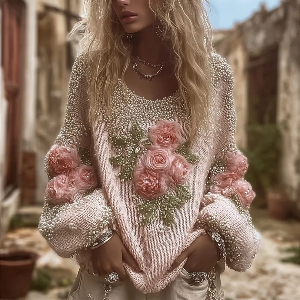 Women's Flower Vintage Round-neck Thick Sweater