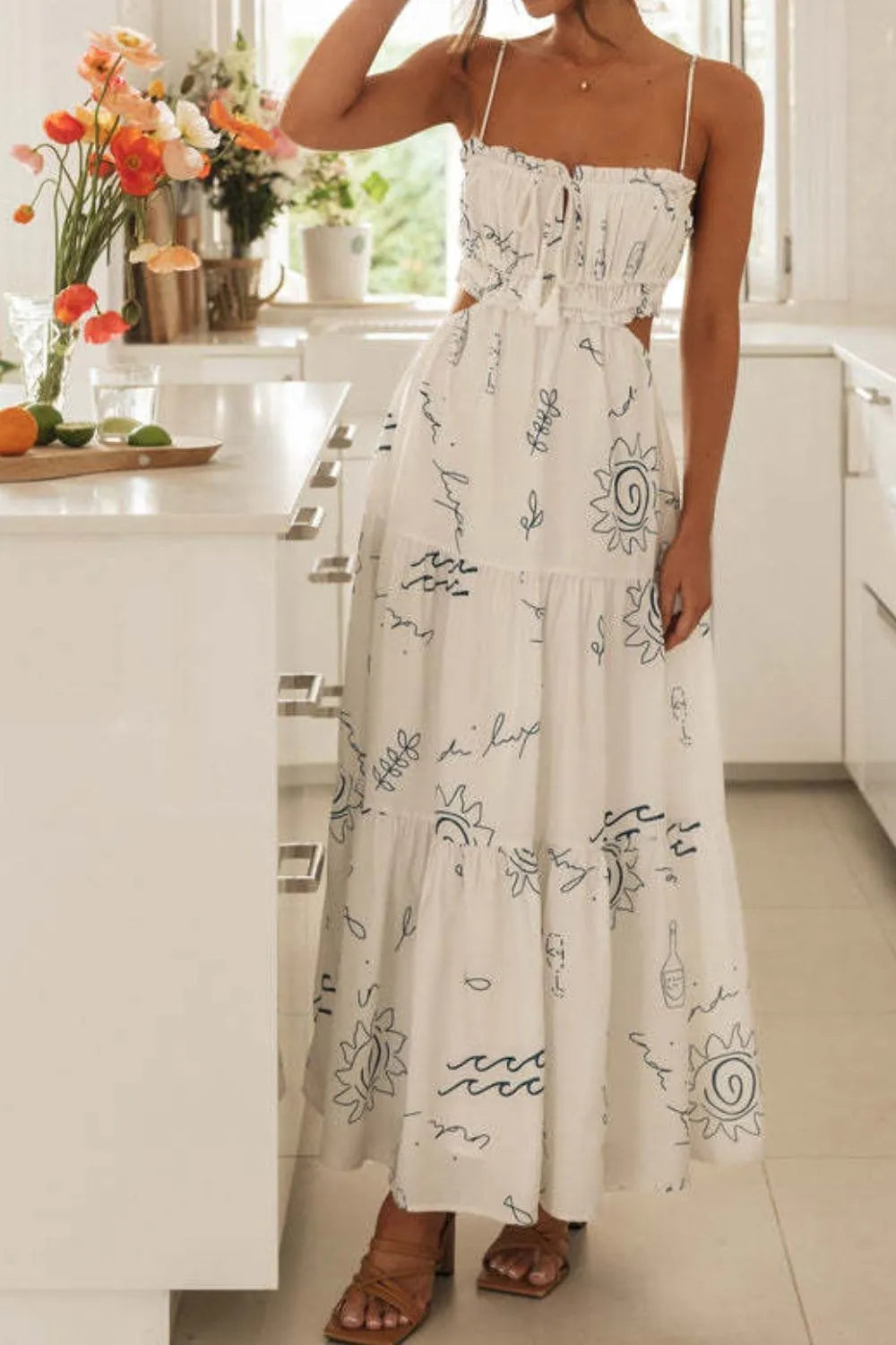 Cutout Printed Sleeveless Midi Cami Dress