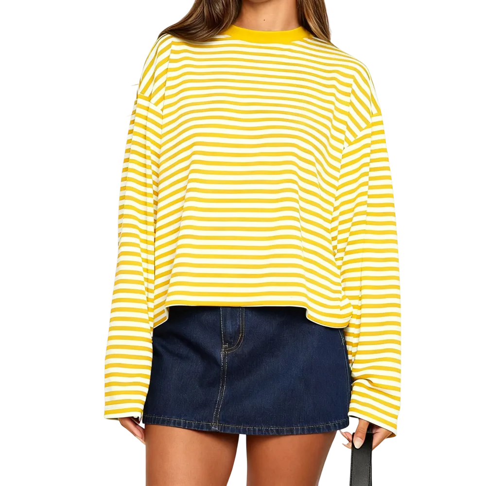 Women Long Sleeve Crew Neck Loose Striped T Shirt