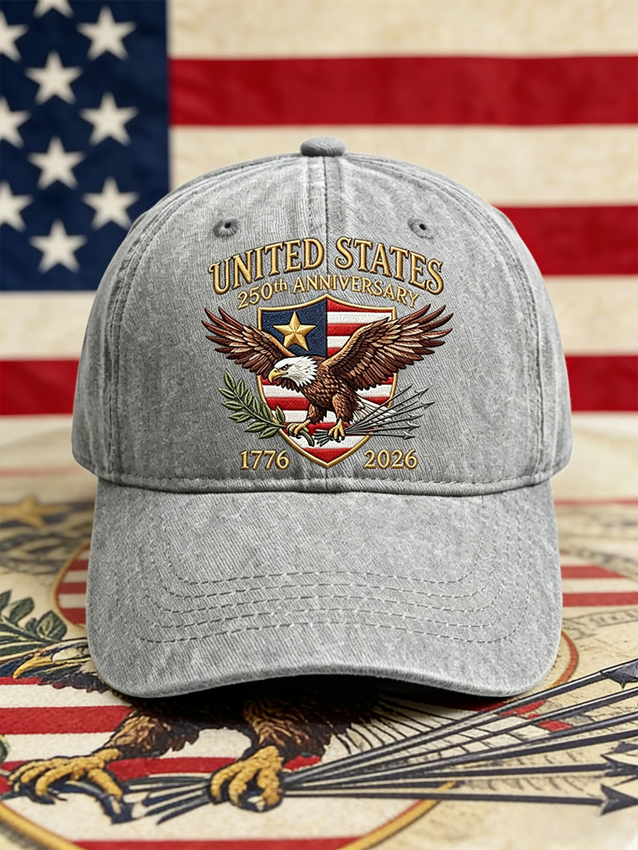 US 250th Anniversary Bald Eagle Emblem Washed Denim Baseball Cap