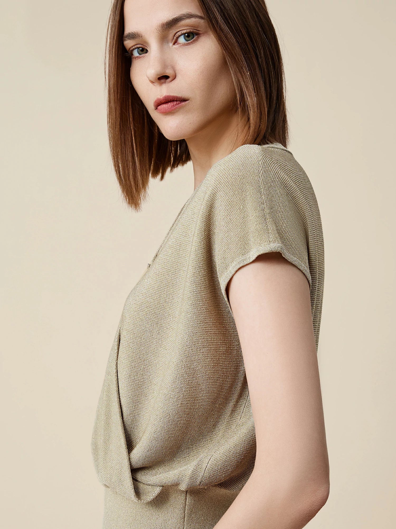 Gold Silver Yarn Short-sleeved Surplice Top