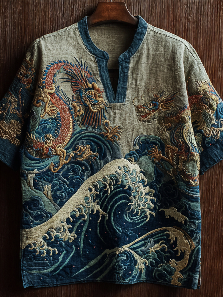Sea Waves & Dragons Japanese Embroidered Linen Shirt