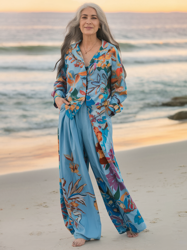 Vacation seaside elegant embroidery top + pant two piece set 1e75