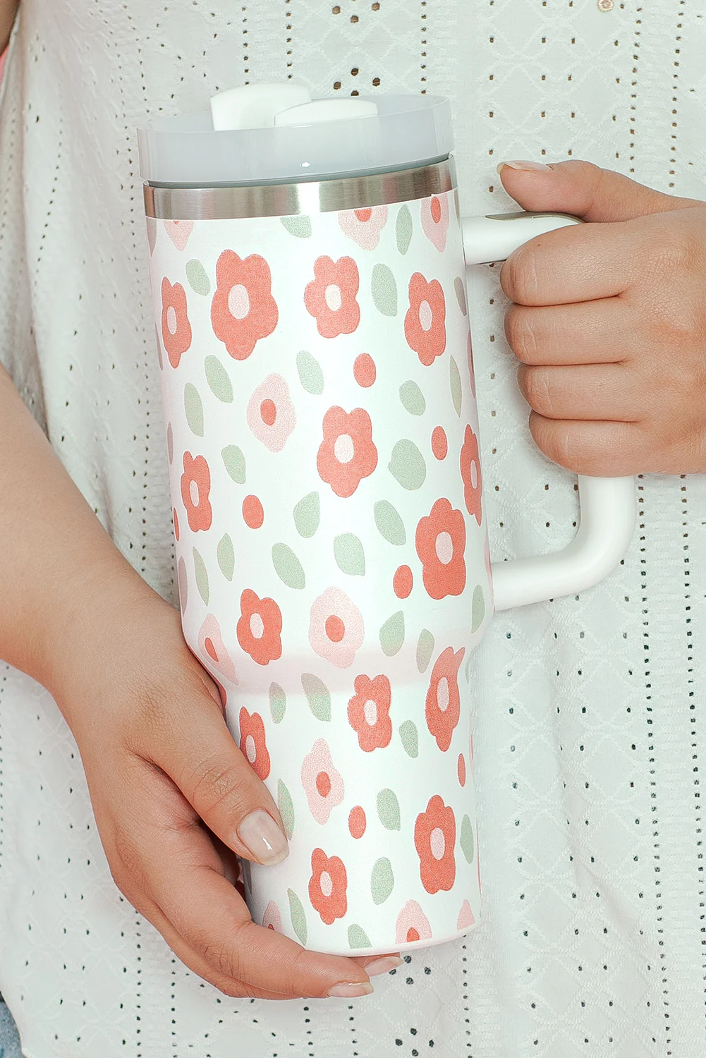 White Floral Leaves Print Stainless Large Portable Cup 40oz