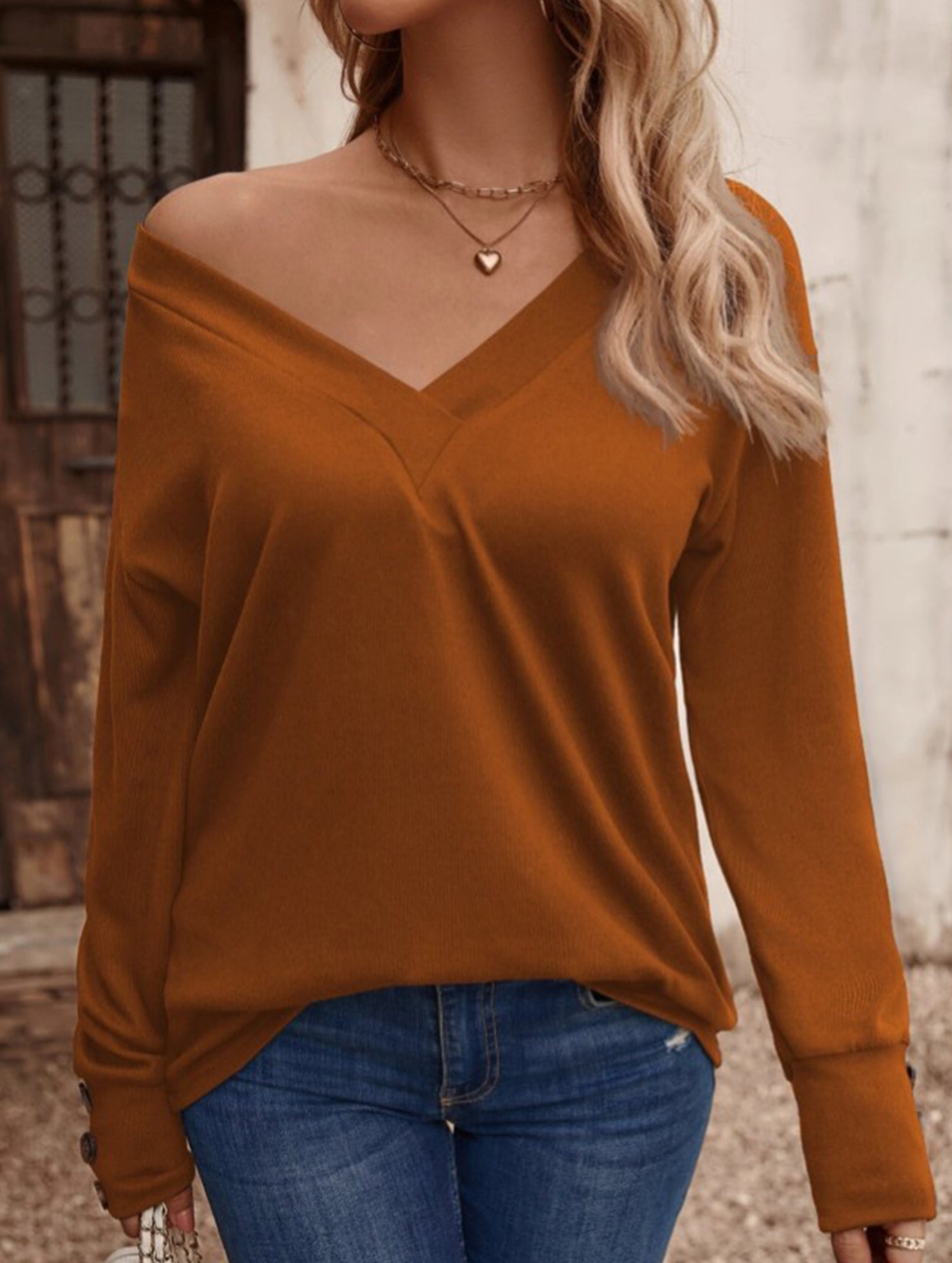 Solid V Neck Button Loose Long Sleeve Tee_CWTTL01231
