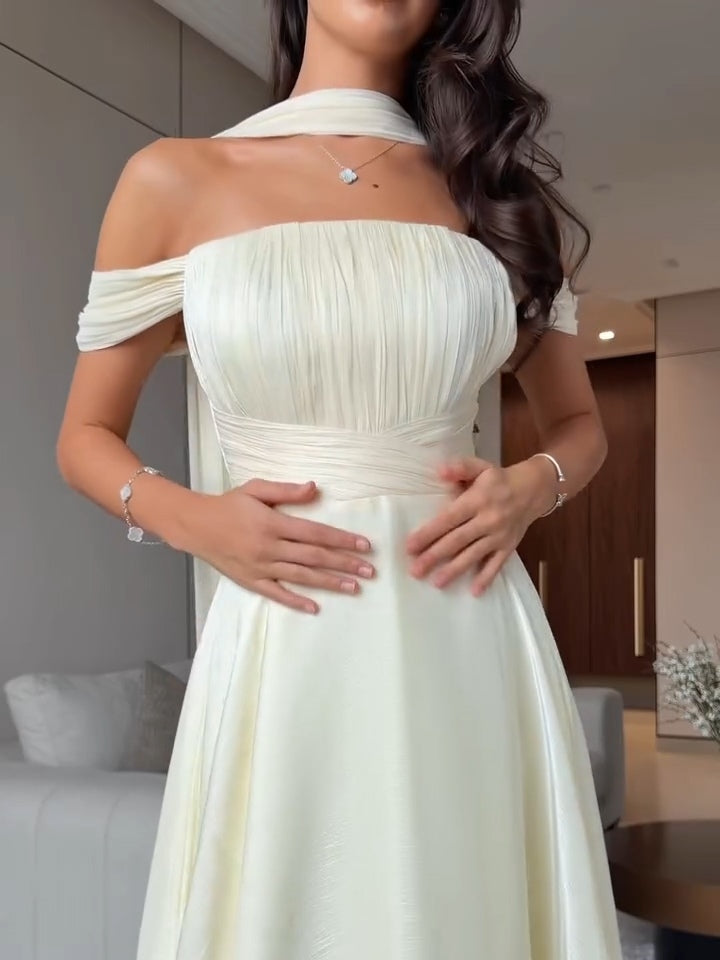 Cream Ribbon Off-shoulder Pleated Maxi Dress