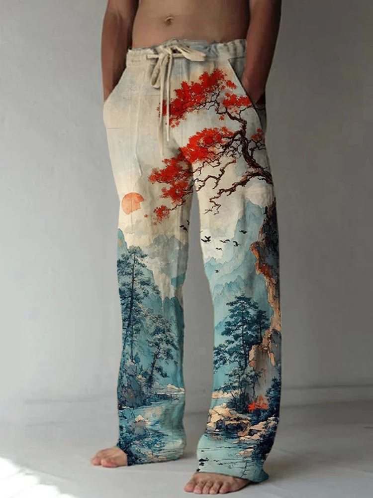 Men's Natural Scenery Sunrise And Sunset Watercolor Art Print Casual Pants