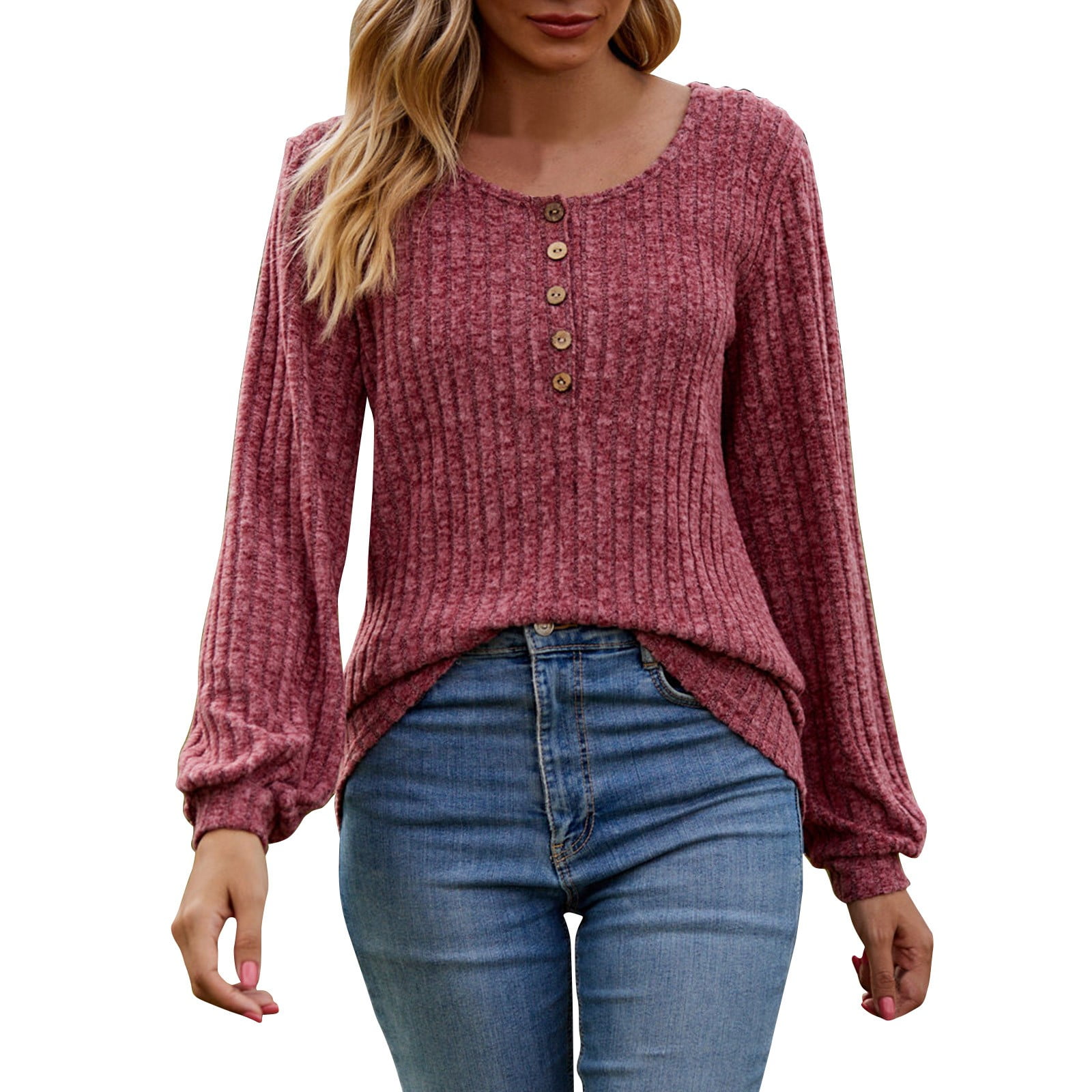 Women's Fall Button Scoop Neck Puff Long Sleeve Henley Shirts