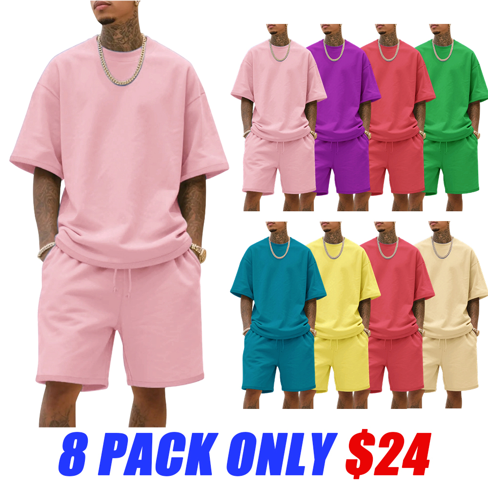 Men's Summer Casual Set, Pure Color Round Neck Short Sleeve Knit Tee & Shorts, Classic Loose Fit Sportswear