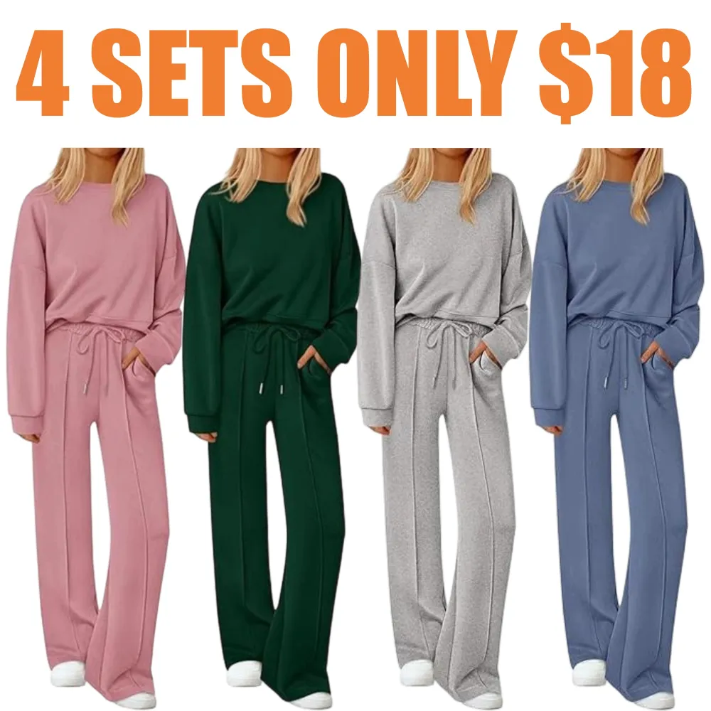 Women Fall Trendy Long Sleeve Sweatshirt Wide Leg Pants