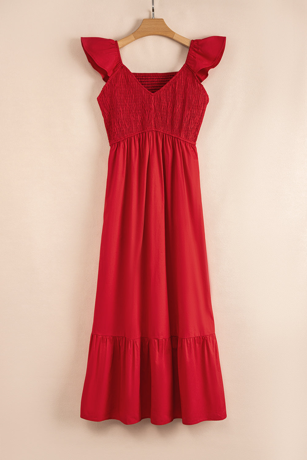 Fiery Red V Neck Flutter Sleeve Smocked Bodice High Waist Ruffle Maxi Dress
