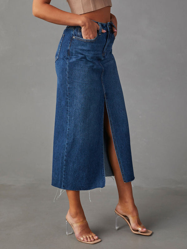 Front Slit Denim High Waist A Line Midi Skirt