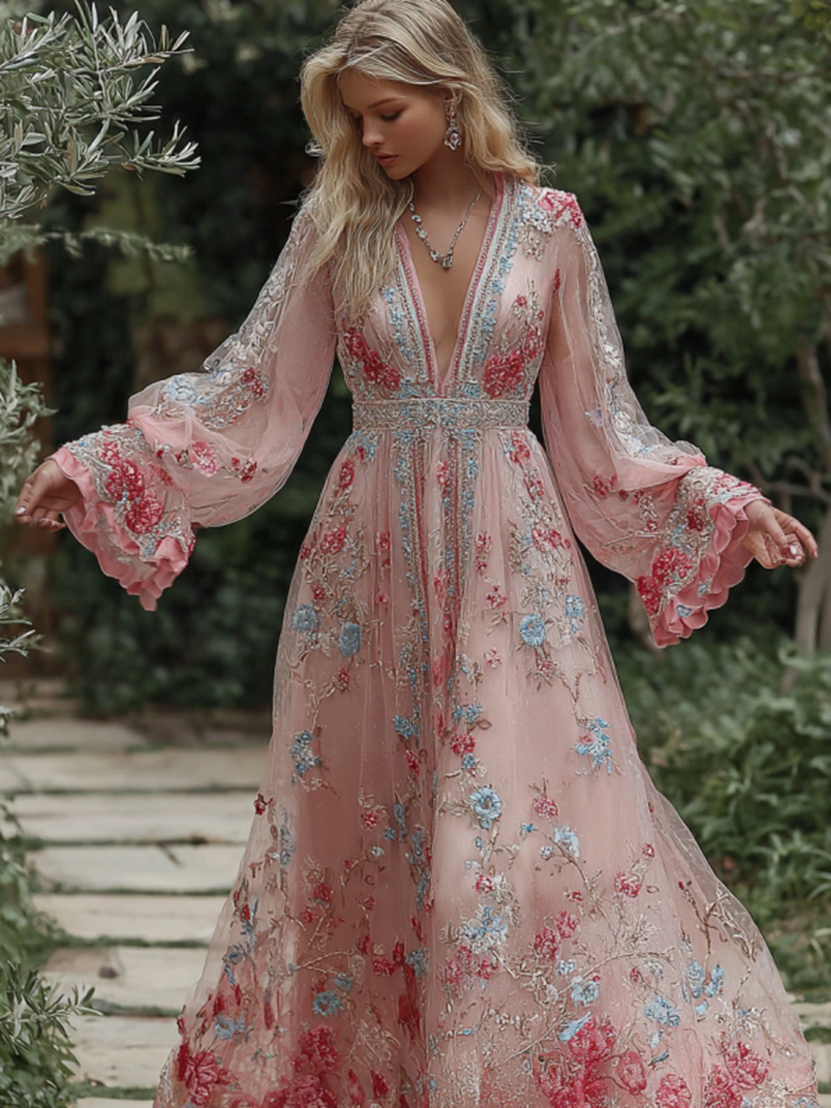 Vintage Floral Embroidered V Neck Casual Maxi Dress