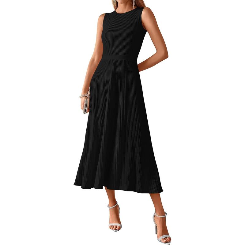 Women's Midi Bodycon Tank Dress Summer Crewneck Rib Knit Sleeveless Pleated Swing A Line Business Casual Dresses