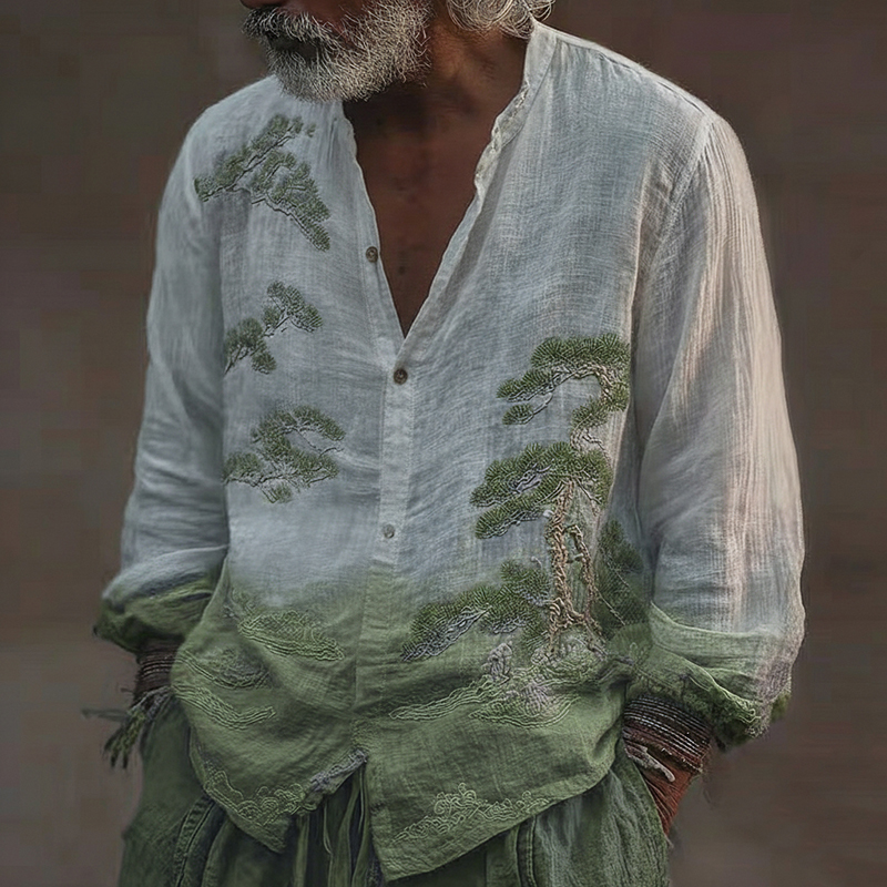 Men's Vintage Pine Tree Art Pattern Linen Blend Shirt