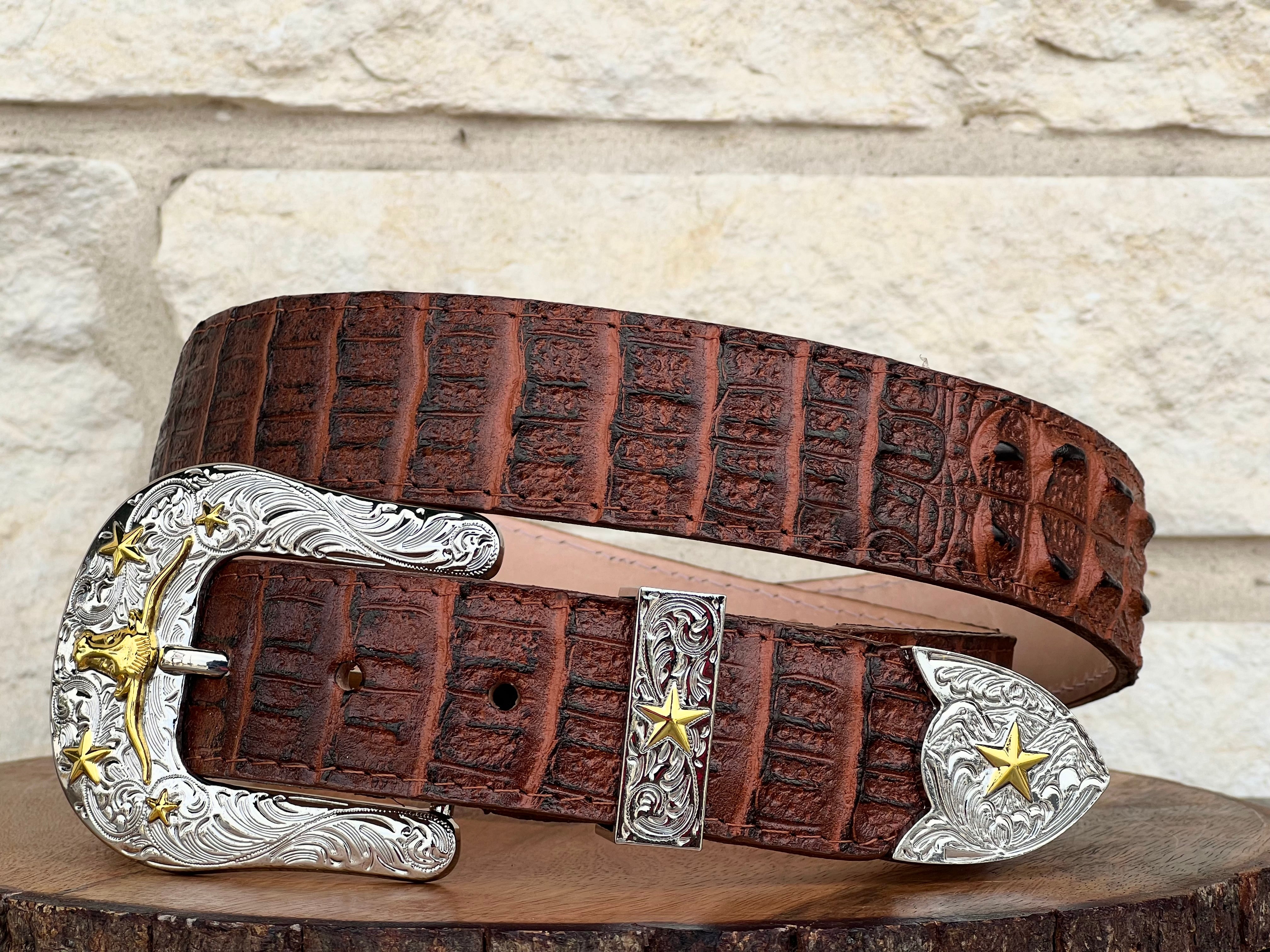 Cognac Caiman Leather Belt