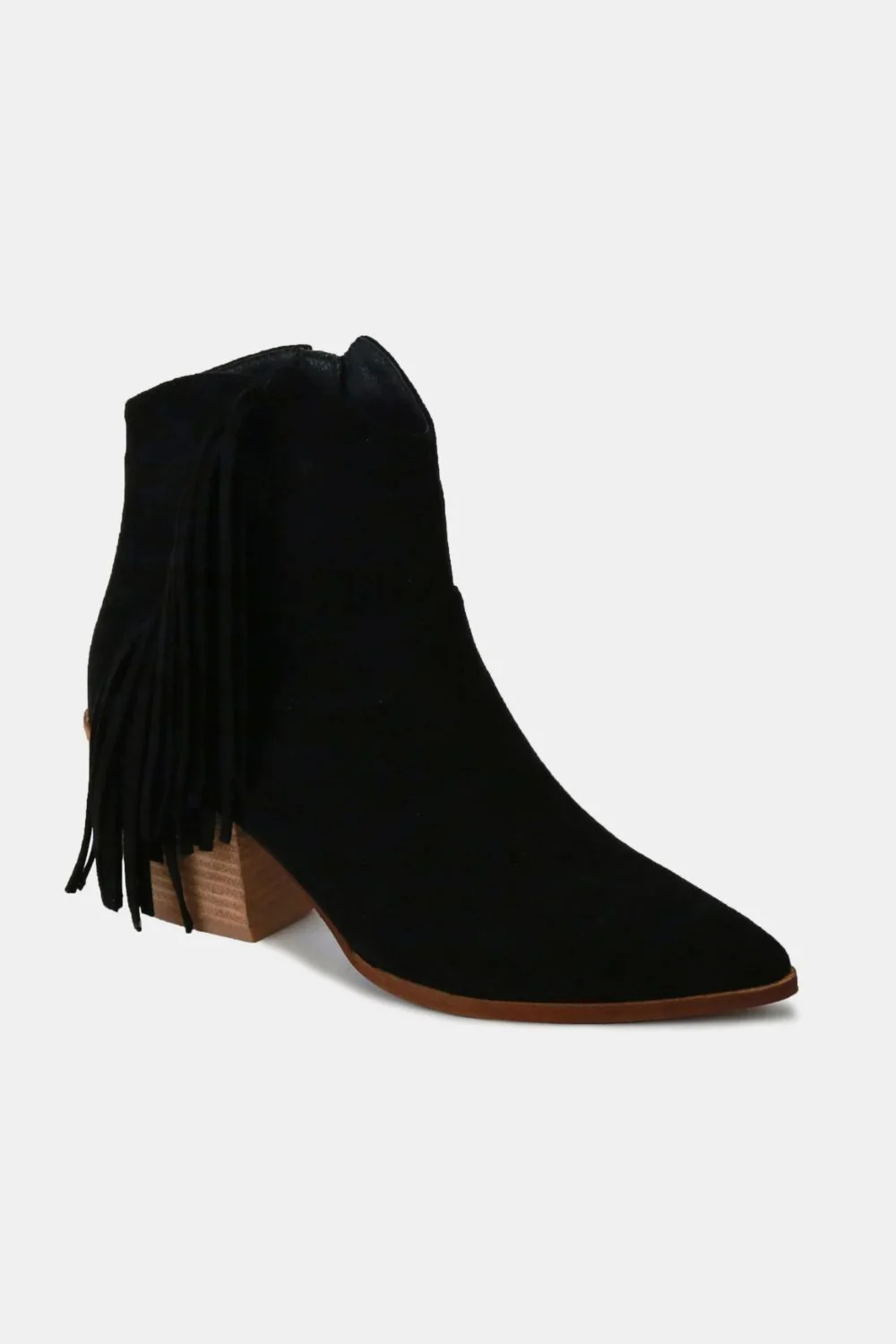 Suede Fringe Point Toe Ankle Boots in Black