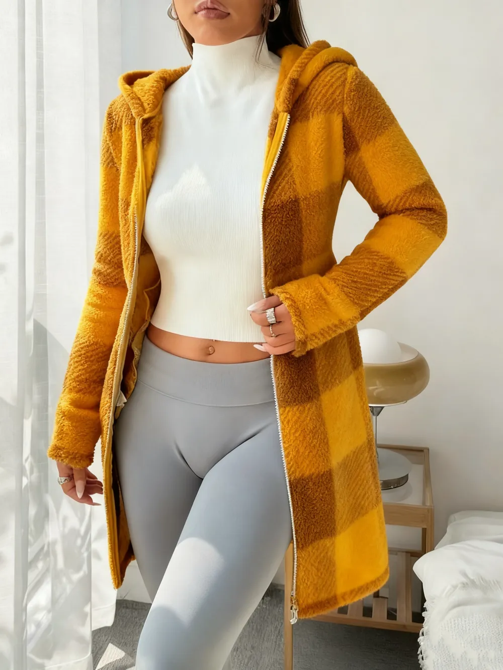 Women's Plaid Fleece Long Sleeve Hooded Coat