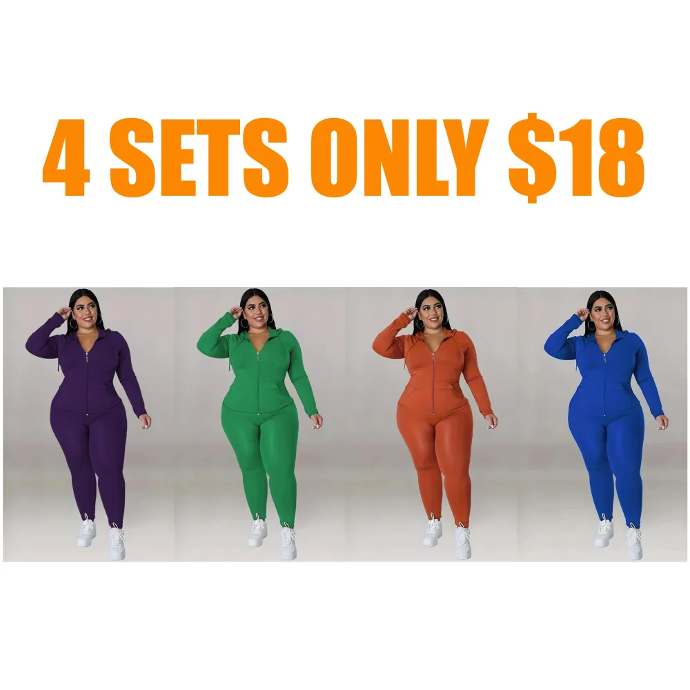 Plus Size Solid Zip Up Hooded Top & Skinny Pants Set