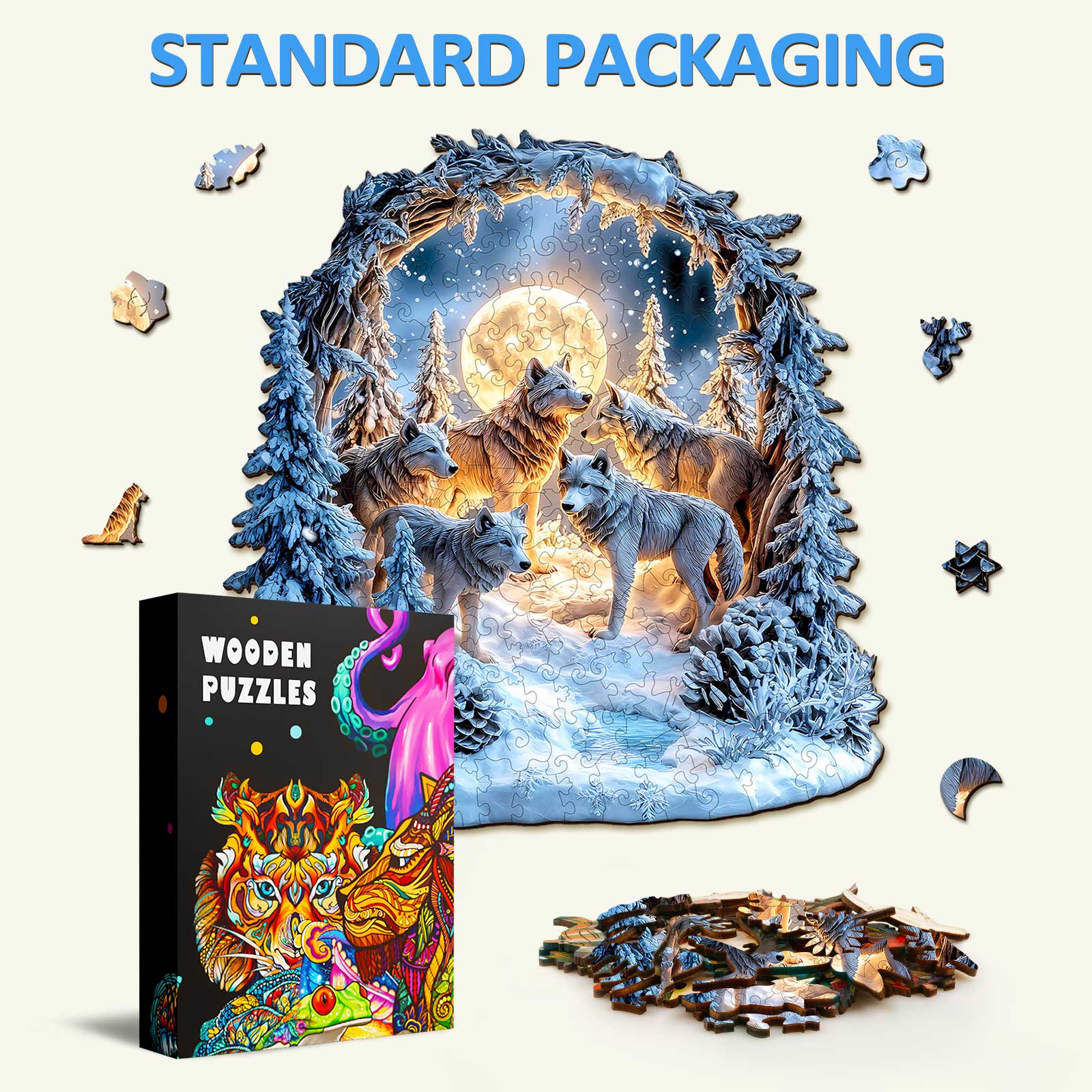 Snowy Night Wolf Pack Wooden Jigsaw Puzzle