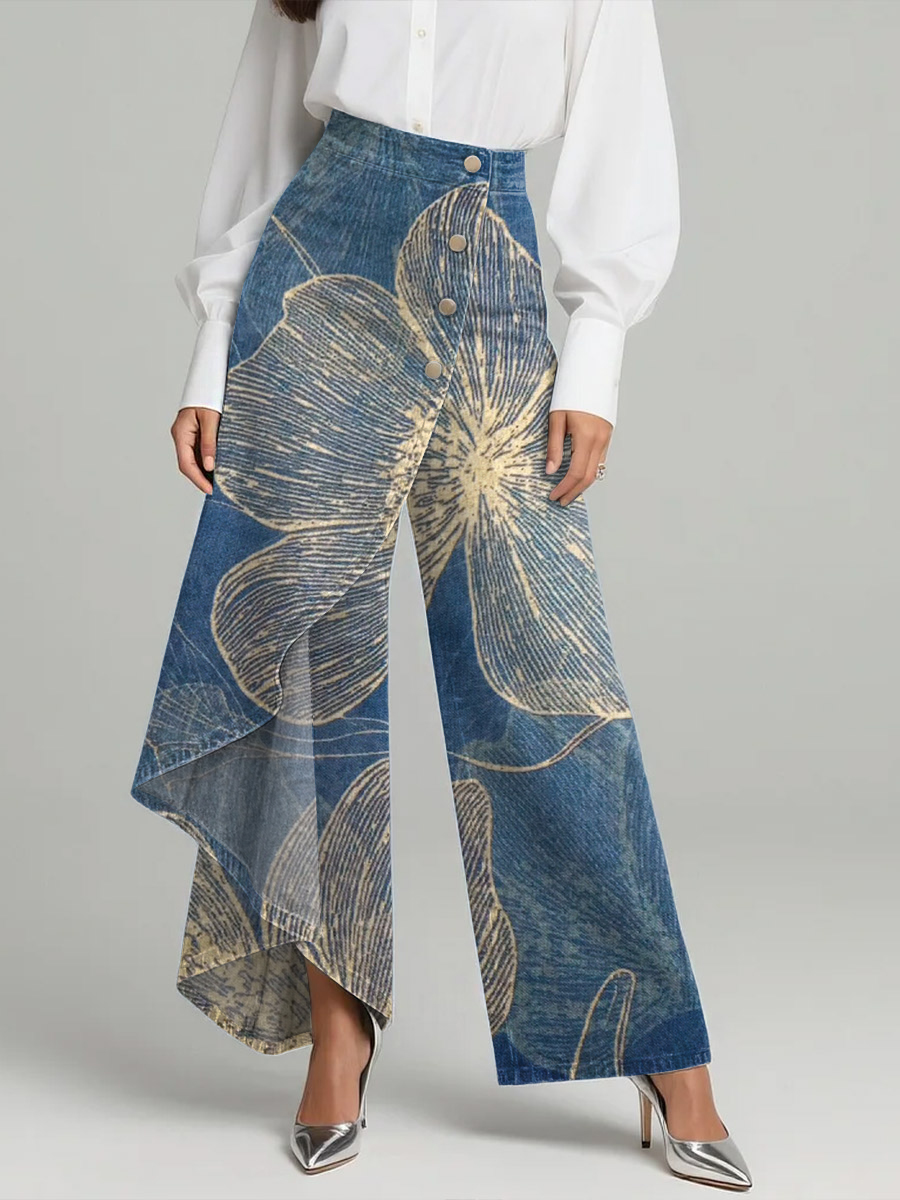 Women's Vintage Flower Patterns Print High-waisted Relaxed Fit Wide-leg Jeans With A Stylish Design