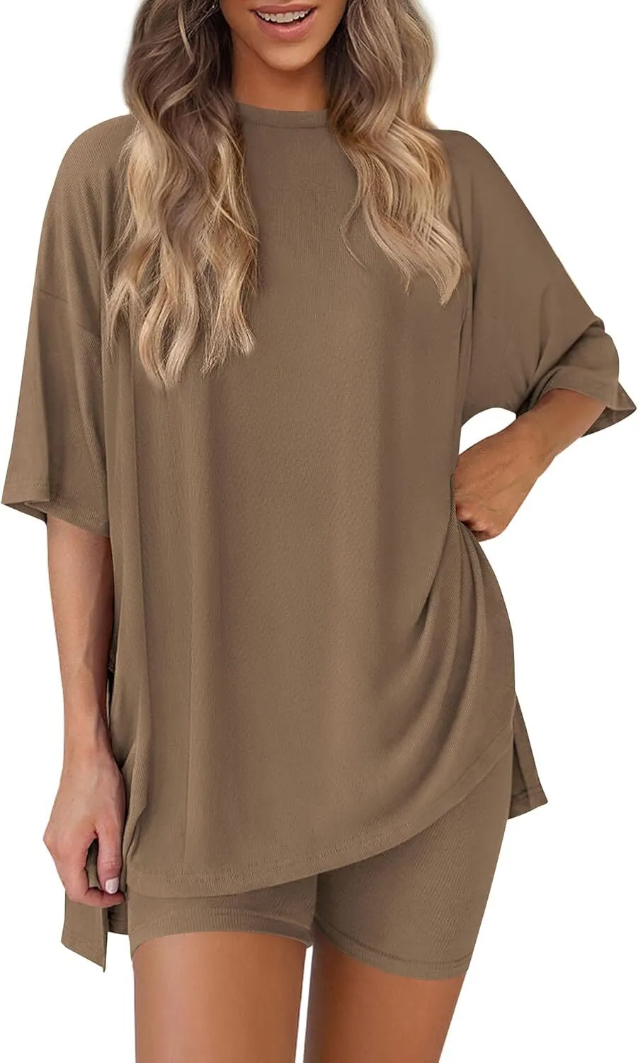 Special Sale❤️Women's Two Piece Lounge Set 2026 Summer Casual Oversized Shirts  Biker Shorts Matching Airport Travel Outfit