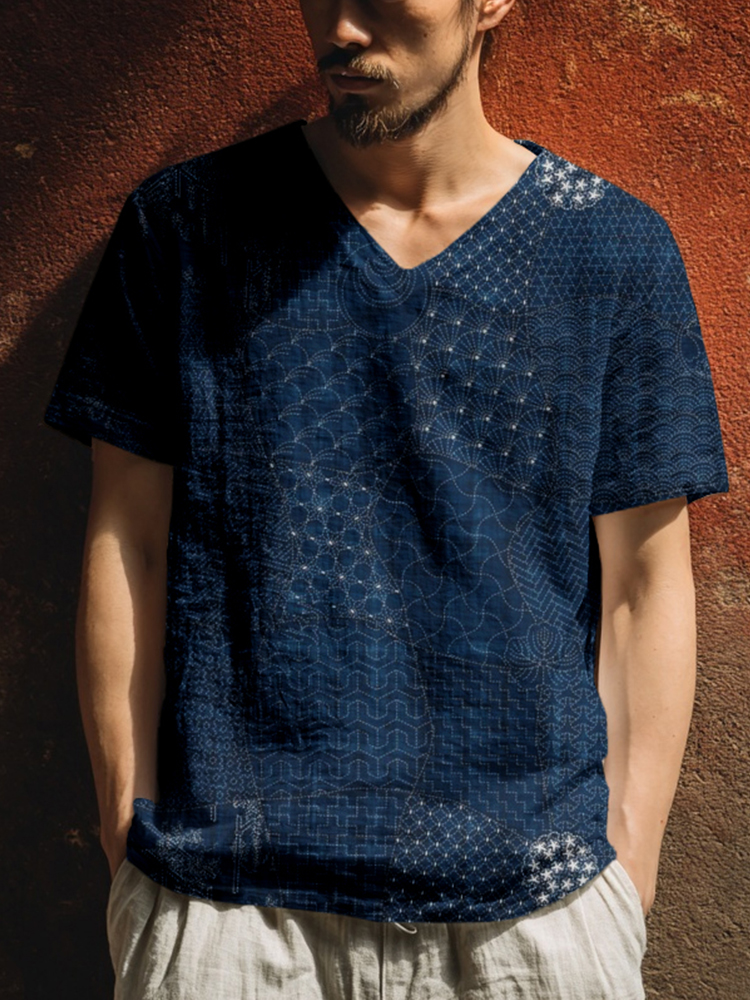 Men's Japanese Traditional Sashiko Art Linen T Shirt