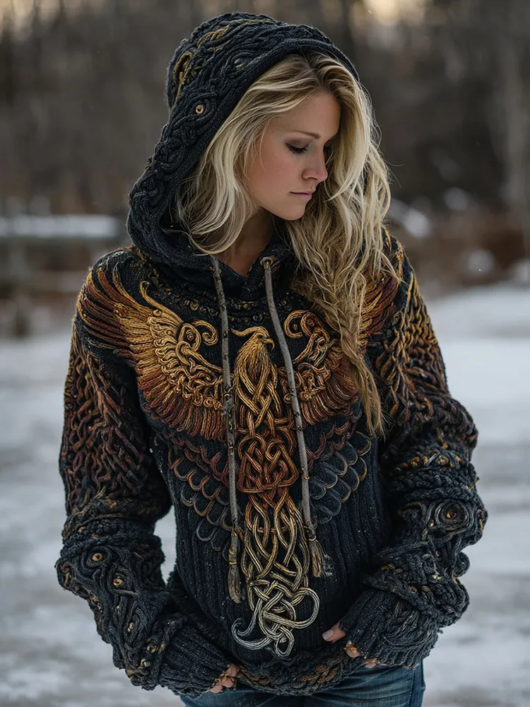 Women's Celtic Knot Myth Phoenix Embroidered Ombre Hooded Sweater