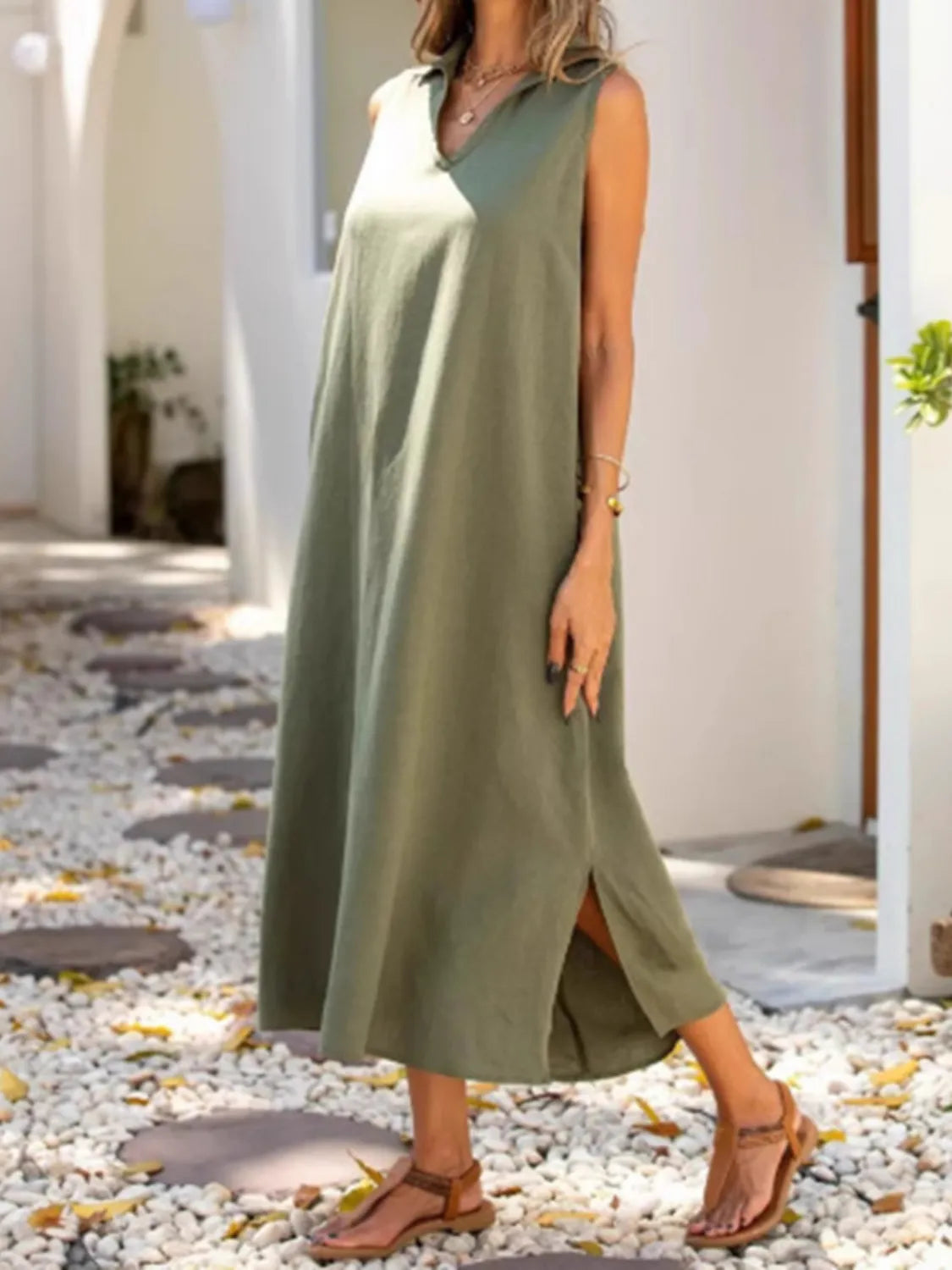 Full Size Side Slit Sleeveless Midi Dress Plus Size